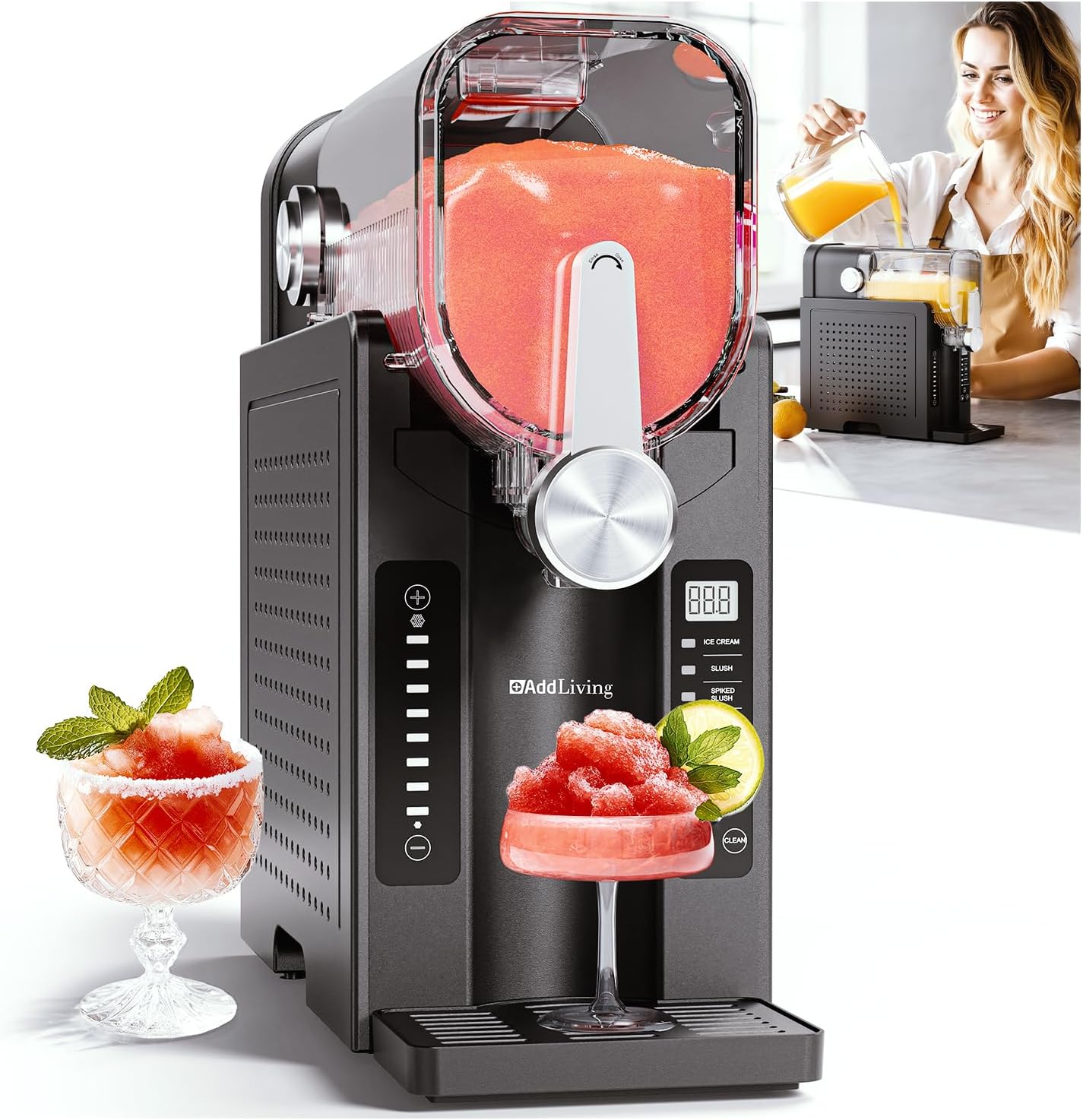 SLUSH Maschine für Zuhause | Slushy Maker & Eismaschine mit 6 Programmen | 2,6L Slush Eis Maschine für Cocktails, Slush-Eis, Softeis, Frappe, Milchshakes | Selbstreinigend | Schwarz/Silber