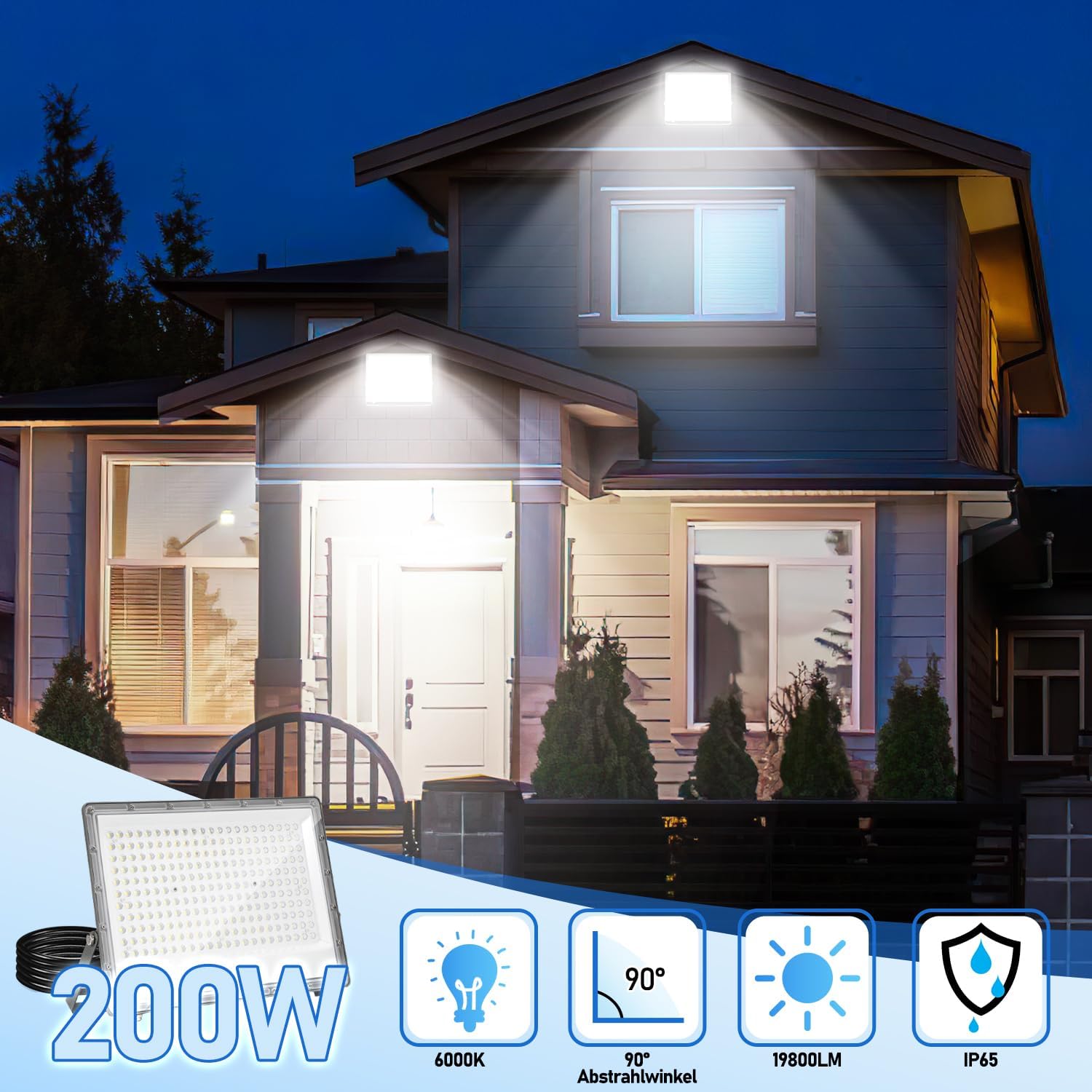 10x200W Strahler Außen, LED Flutlicht 6000K Kaltweiß Superhell 19800LM Außenstrahler mit 1M Langem Kabel, LED Fluter IP65 Wasserdicht für Außen & Innen (Kein Stecker)
