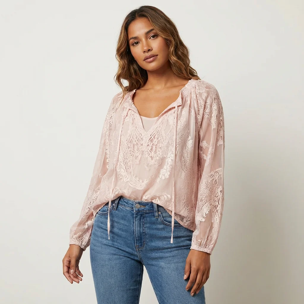 Damenbluse mit Spitze im Boho-Stil | Luftige Sommerbluse locker geschnitten | Feminine Spitzenbluse f��r Freizeit und Urlaub