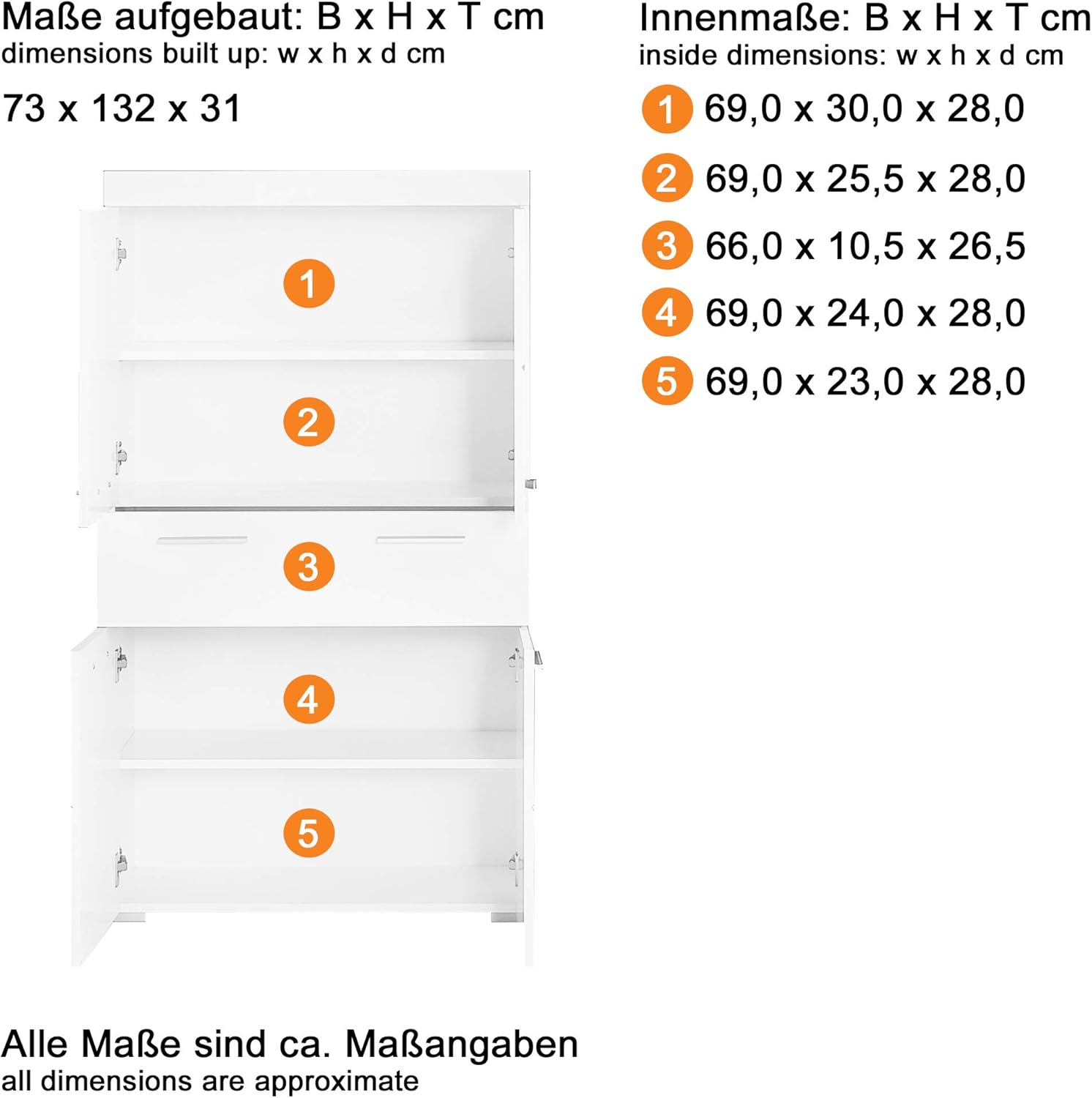 trendteam smart living - Amanda - Hochschrank - Weiß Hochglanz - Badezimmerschrank breit mit 4 höhenverstellbaren Einlegeböden - (BxHxT) 73 x 130 x 31 cm - 4 Fächer und eine große Schublade