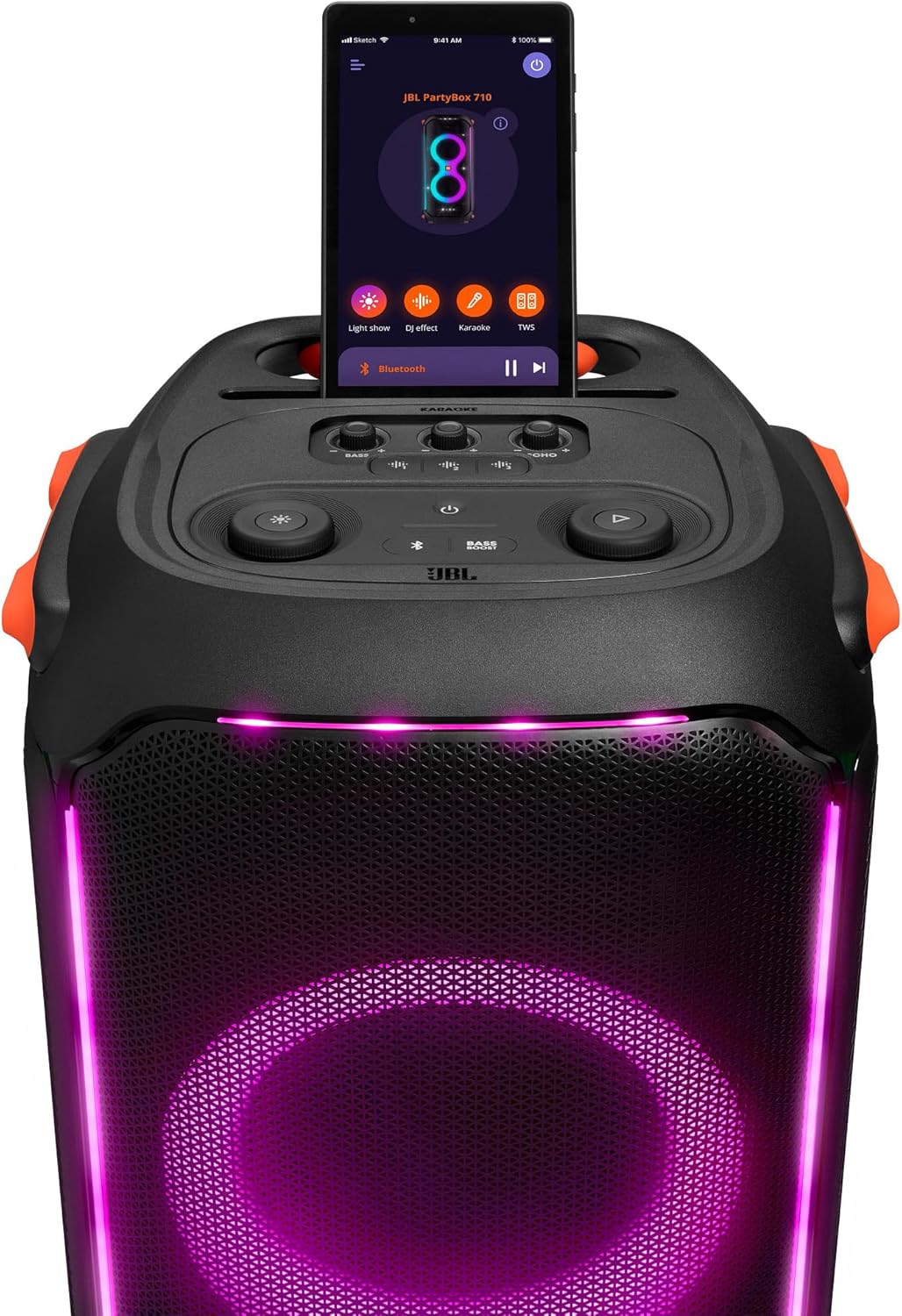 JBL PartyBox 710 - Schwarz �C Trag - und rollbarer Bluetooth Party-Lautsprecher mit Lichteffekten �C Spritzwassergesch��tzte, mobile Musikbox