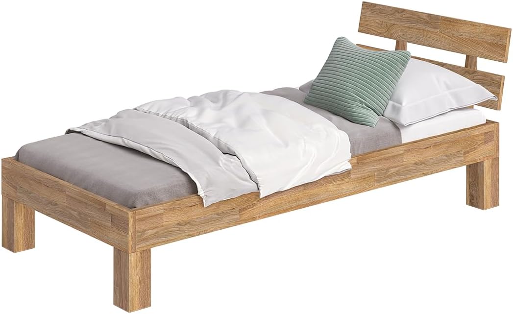 skølm Floki Massivholzbett 90x200 cm aus Eiche - hochwertiges Bettgestell - Bettrahmen mit Bettkopf - Holzbett in Natur geölt - Einzelbett 90x200 cm - Futonbett