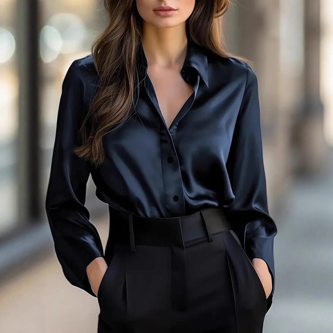 Damen Satin-Bluse mit Knopfleiste und langen ?rmeln