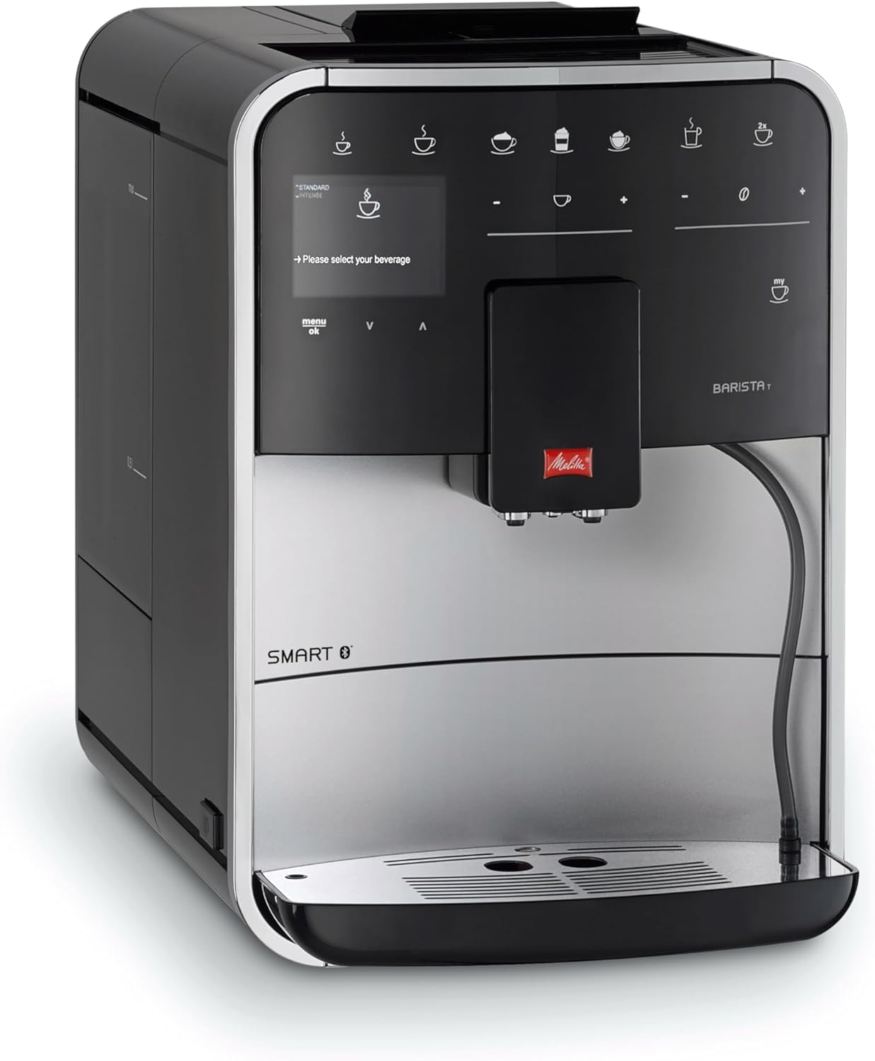 Melitta Barista T Smart - Kaffeevollautomat mit Milchsystem, Kaffeemaschine mit Mahlwerk, für z. B. Cappuccino oder Espresso, App Steuerung möglich, schwarz/silber
