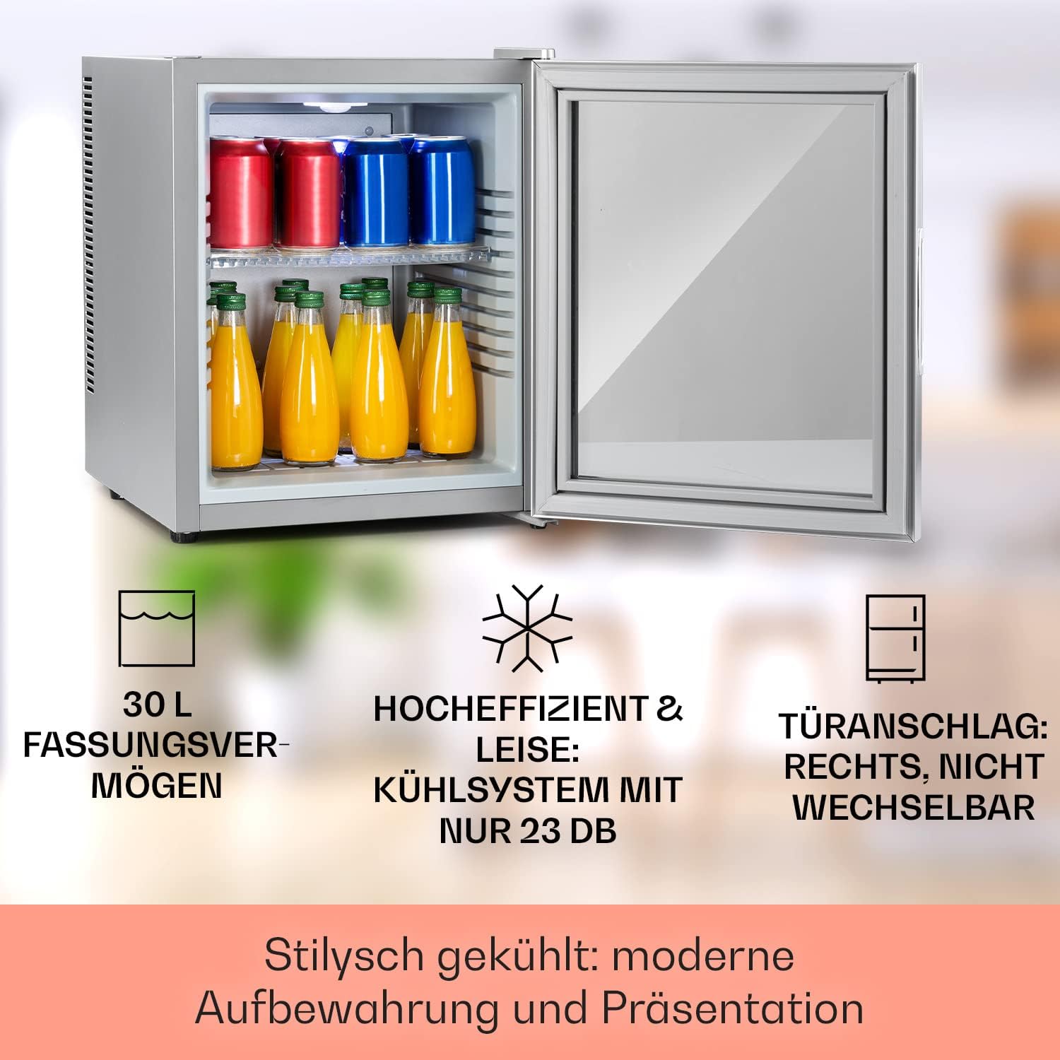 Klarstein Kühlschrank, Mini Kühlschrank mit Glastüre, Mini-Kühlschrank für Getränke, Snacks & Kosmetik, Kühlschrank Klein & Leise, Verstellbare Ablagen, Kleiner Skincare Kühlschrank 12-18°C, 32L