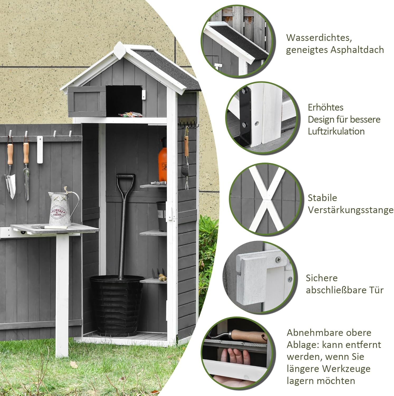 Outsunny Gartenschrank Holz, wetterfest 78x52,5x182cm Gerätehaus, Geräteschuppen mit Satteldach, Tür, Gartenschuppen mit faltbar Tisch, Haken, Geräteschrank Werkzeugschrank für Terrasse, Garten, Grau