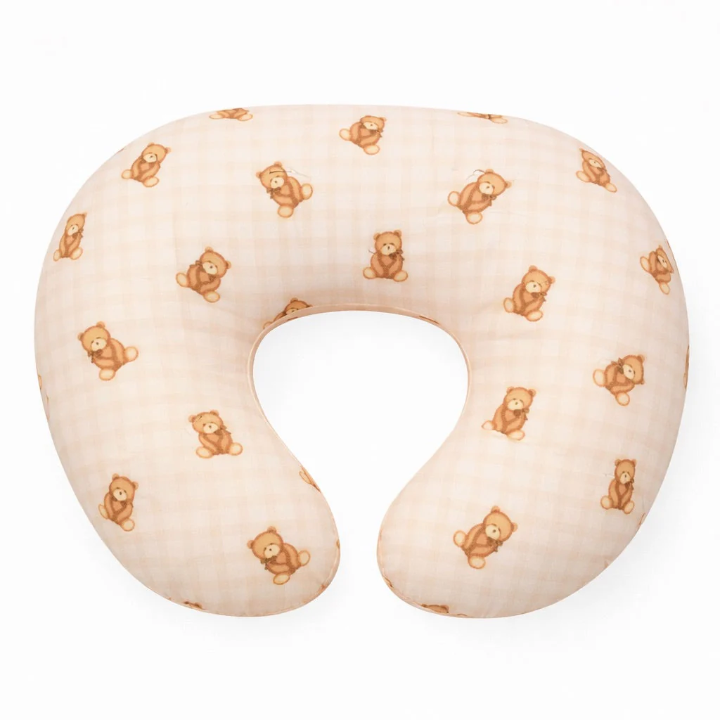 Beige Teddy Bear Gingham Ruffle Nursing Pillow Cover