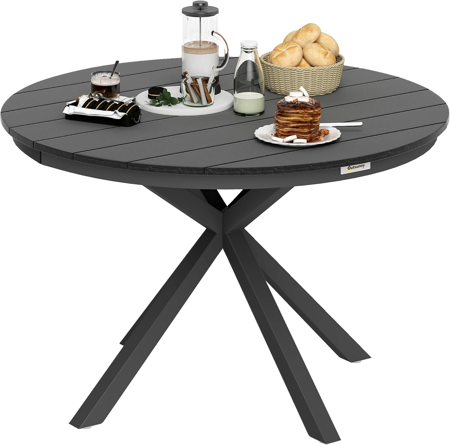 Outsunny Gartentisch Ø118cm, Wetterfest Balkontisch aus Aluminium, Beistelltisch mit Kreuzbeine Lattendesign Esstisch Outdoor, Campingtisch, rund Terrassentisch für Garten Balkon Schwarz