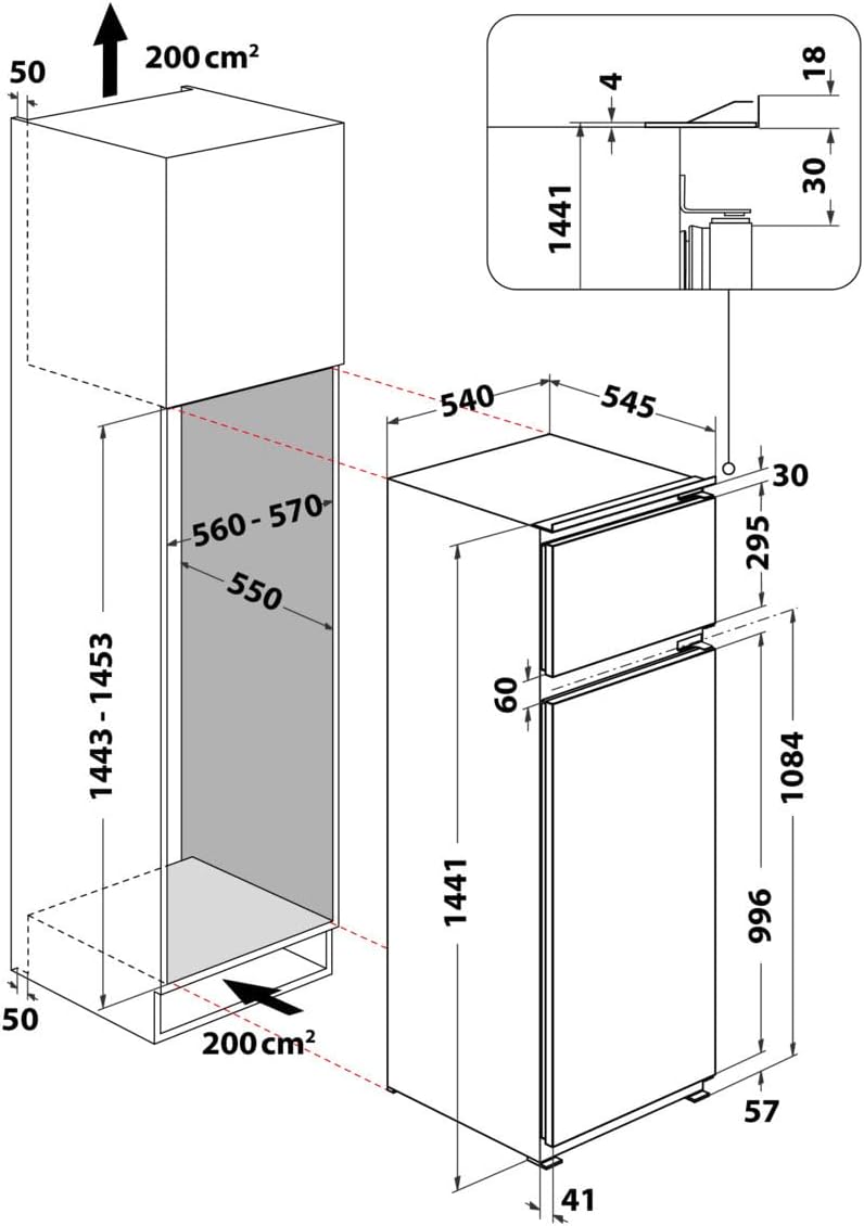 Bauknecht KDI 14S2 Einbau-Kühl-/Gefrierkombination/ Energieeffizienzklasse: E/ Nische 145/ Elektronische Temperaturregelung/ LED-Beleuchtung/ Abtauautomatik im Kühlteil/ Sicherheitsglas