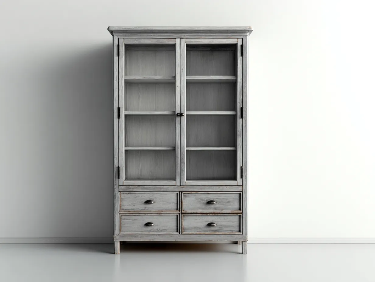 Vitrine-Holz-Glas-94x43x200 cm-Grau-Landhausstil