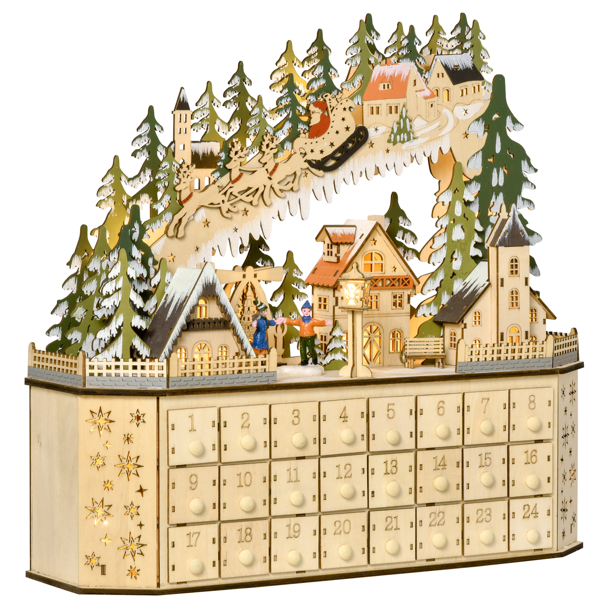 adventskalender met 24 vakken op te vullen kerstkalender met LED-verlichting adventskalenderbox kerstdecoratie doe-het-zelf MDF-blad naturel hout 45 x 13 x 43 cm