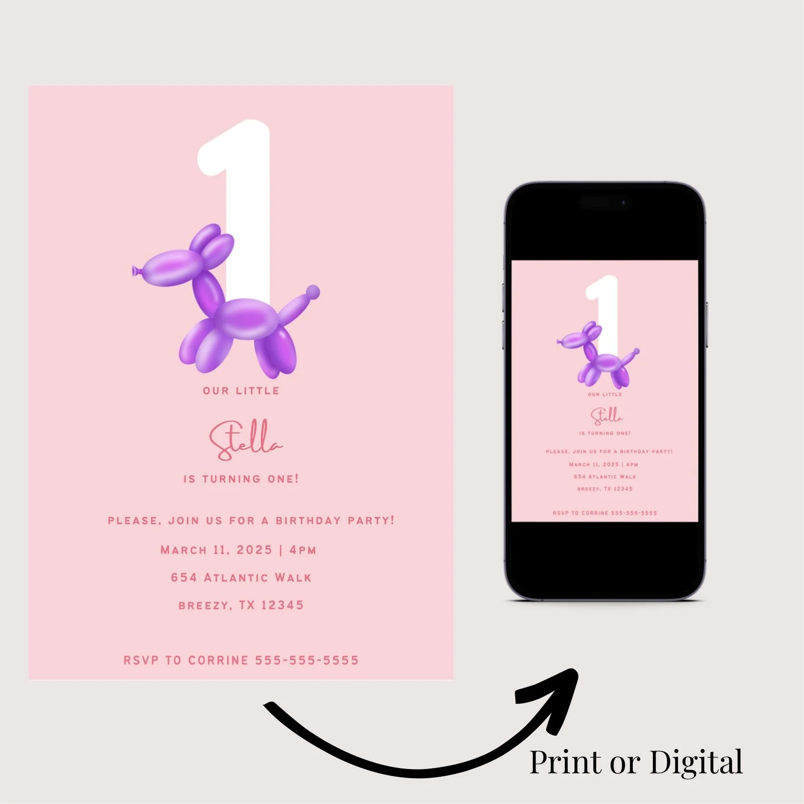 Balloon Animal First Birthday Invitation, Balloon Invitation, 1st birthday party, baby girl birthday, childrens birthday invitation