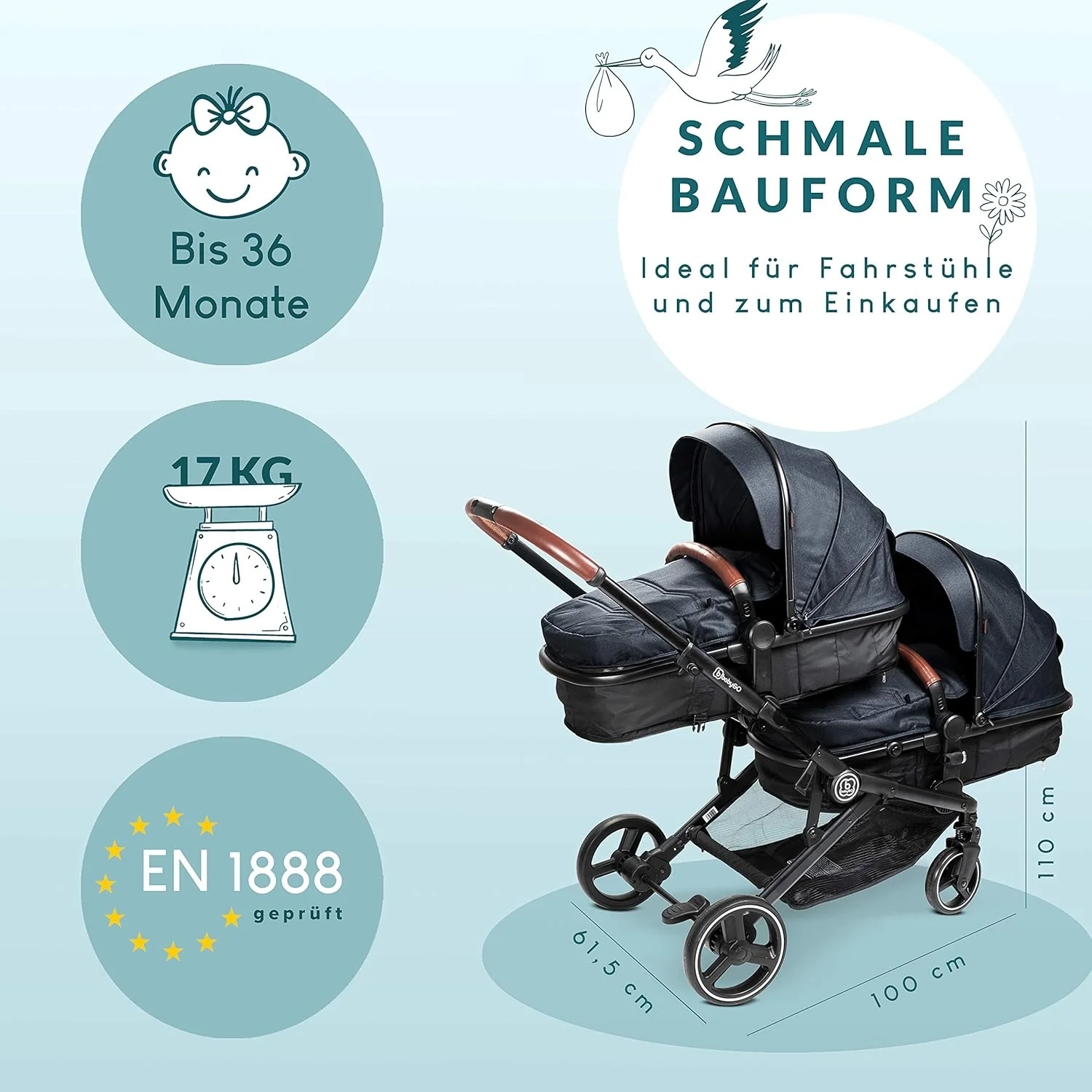 babyGO Kinderwagen 3-in-1 voor tweelingen - Duowandelwagen/tweelingwandelwagen voor baby's - Tweelingkinderwagen voor 2 kinderen met veel accessoires (blauw melange - zonder babyautostoel)