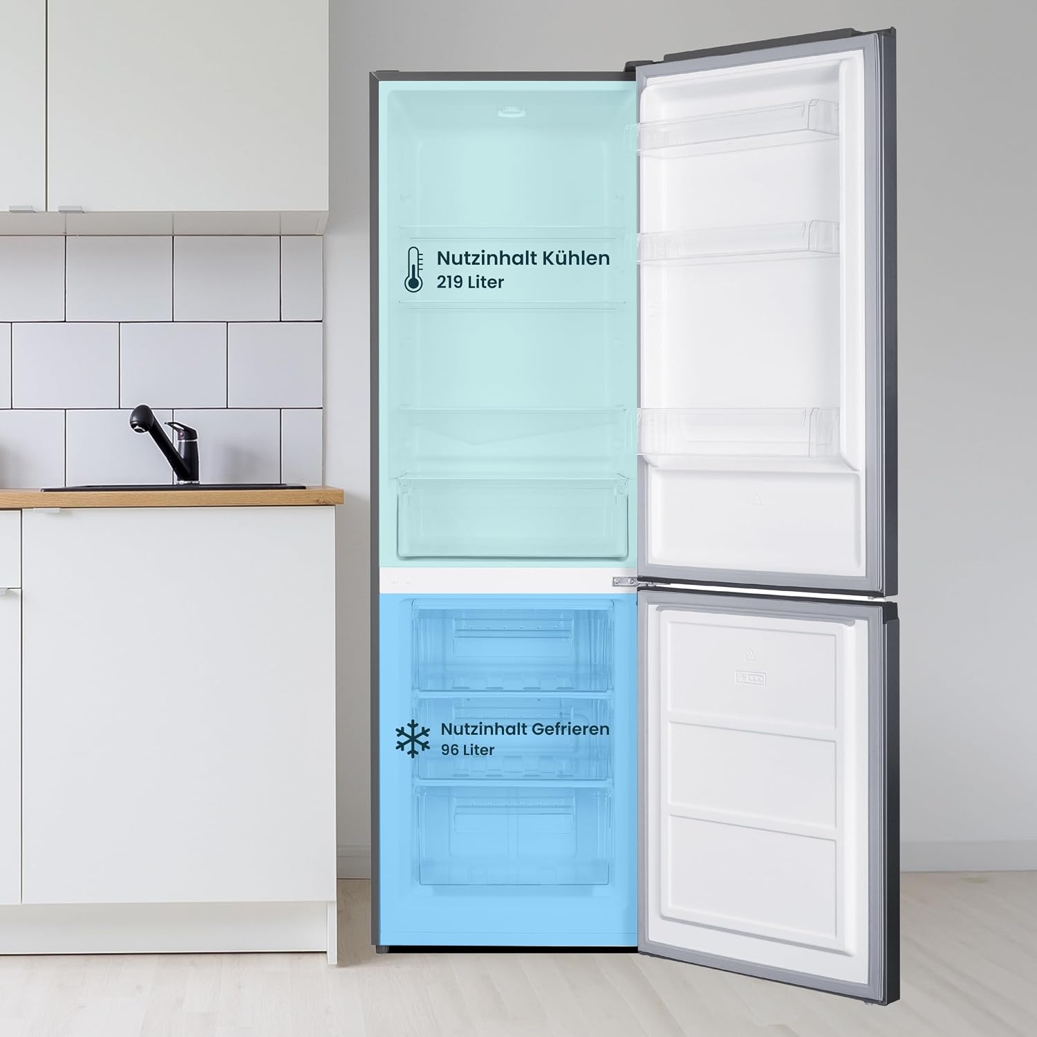 homeX Kühlschrank mit Gefrierfach, Kühl-Gefrier-Kombination freistehend, groß - 315 Liter, 4-Sterne Gefrieren, Super-Frost-Funktion, leise, EEK C, XXL Kühl Gefrierkombination silber, CFS3151C-S