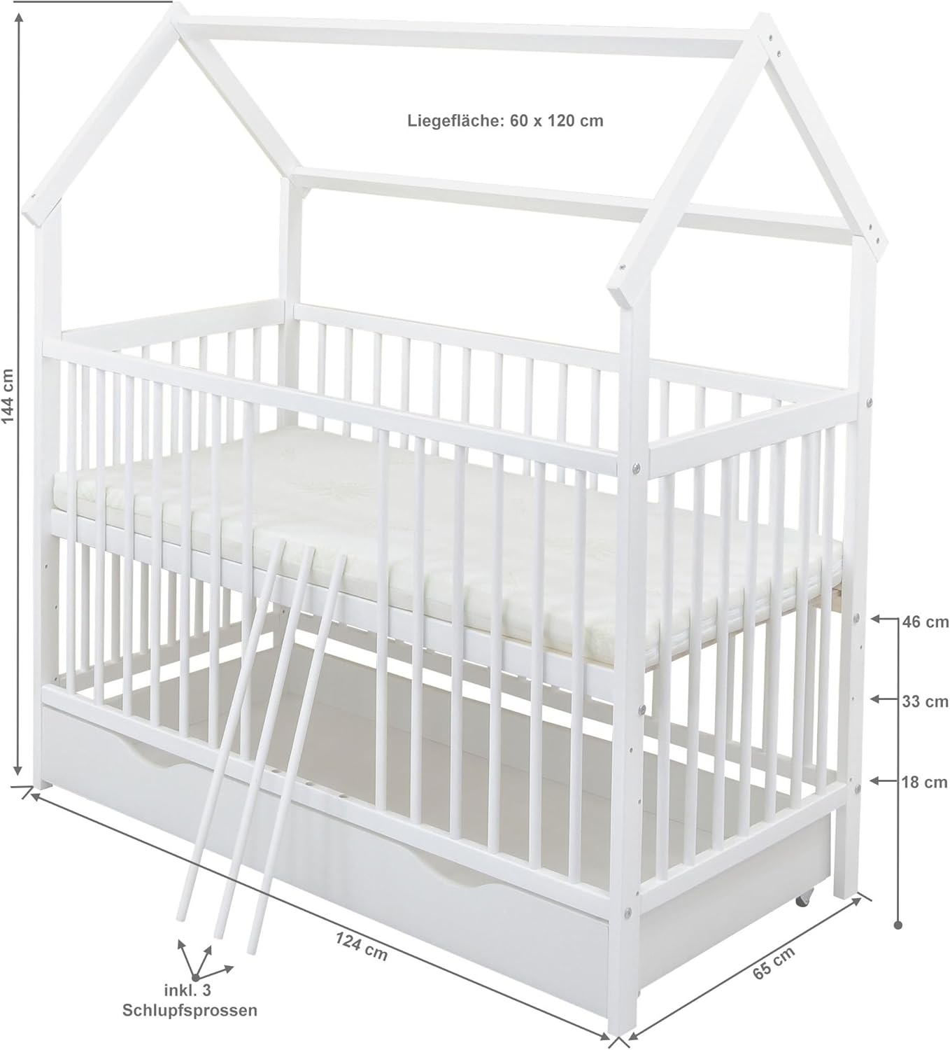 Baby Delux Babybett Komplett Set Hausbett 60x120 cm weiß Schublade Rausfallschutz Kinderbett Matratze Bettwäsche Deko Set (Prince Stars)