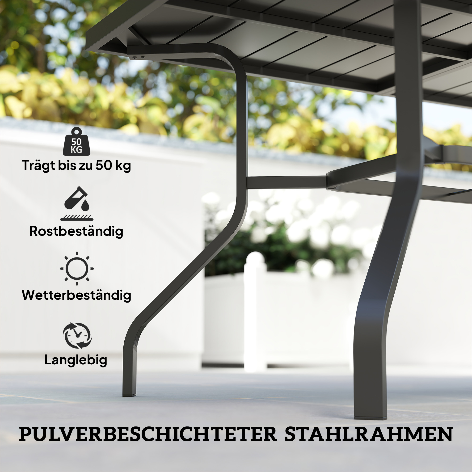 Outsunny Tuintafel 152x90 cm, Weerbestendige Balkontafel van Staal, Bijzettafel met Parasolgat, Lattenontwerp Zwart