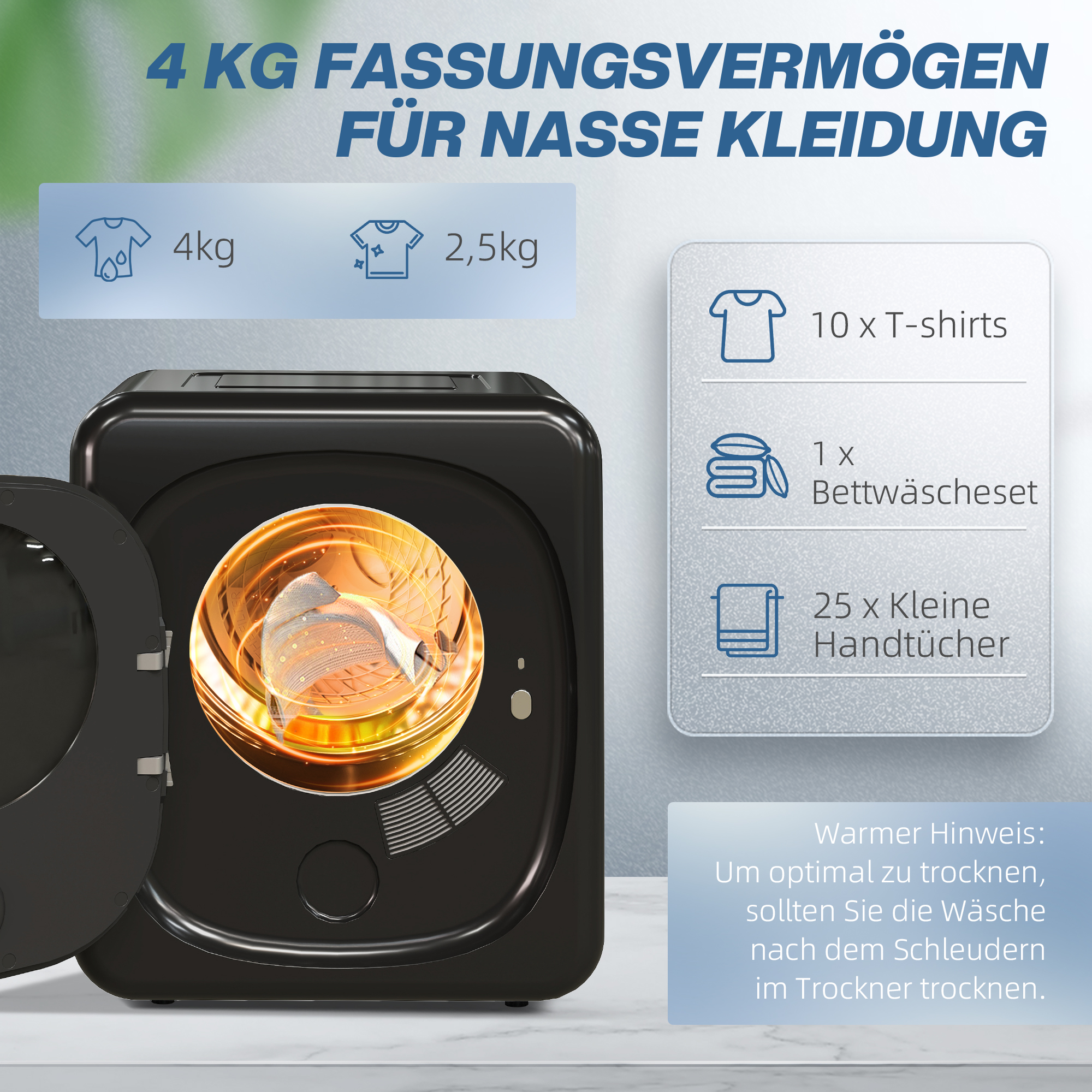 Wasdroger met UV-Desinfectie, Compact Ontwerp, 4 kg Capaciteit, Roestvrijstaal, Zwart