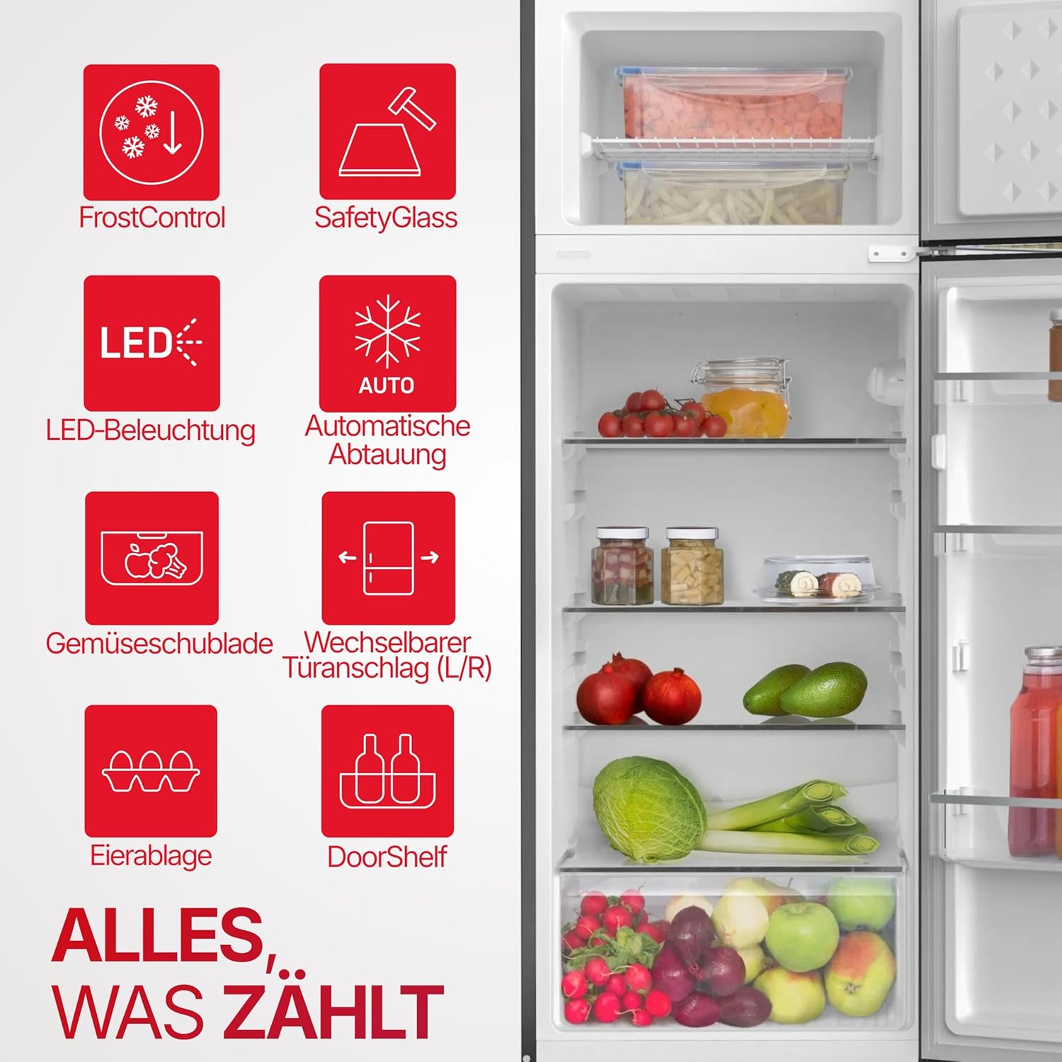 Amica Kühl‑Gefrierkombination freistehend 211 l FrostControl LED Beleuchtung 142,8 x 54 x 55,1 cm – Kühl Gefrierkombination Silber