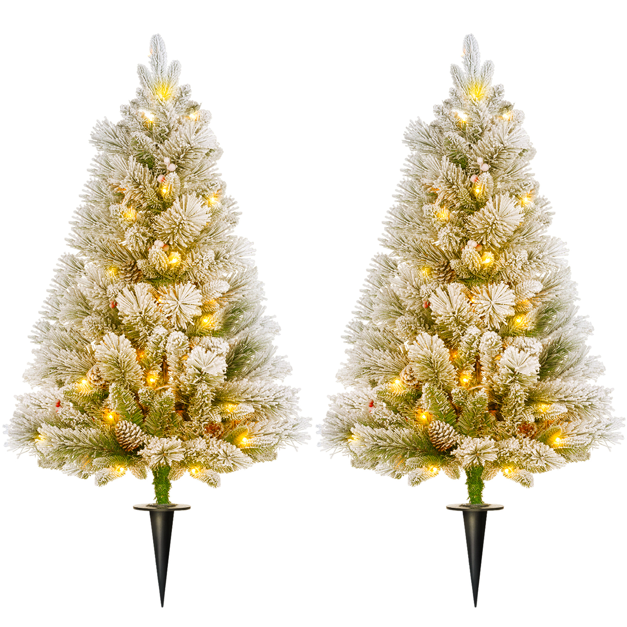 LED-Verlichte Kerstboom, Set van 2, 90 cm, Dennenappels, Rode Bessen, Brandveilig, Groen/Wit