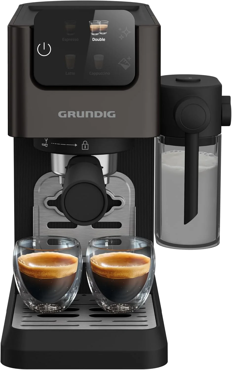 GRUNDIG KSM 5330 Espressomachine met ge?ntegreerd melkreservoir, 1628 W vermogen, 15 bar pompdruk, dubbele tuit, kleuren-touchscreen, BrewSense, CreamyPro, donker inox/zwart