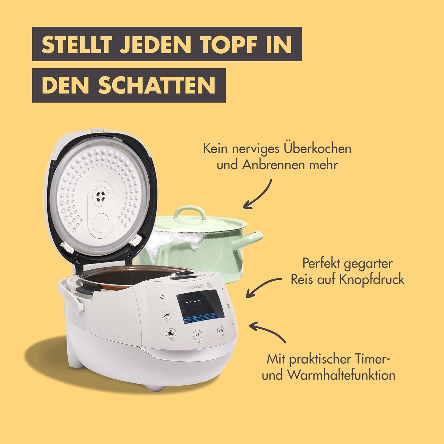 REISHUNGER Digitaler Reiskocher & Dampfgarer Schwarz | 1,5 L bis 8 Personen | Warmhaltefunktion, Timer & Premium Innentopf | Multikocher, 12 Programme, 7-Phasen-Technologie