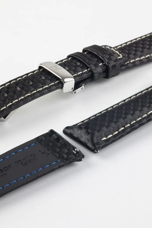 Hirsch CARBON Embossed Water-Resistant Leather Watch Strap in BLACK