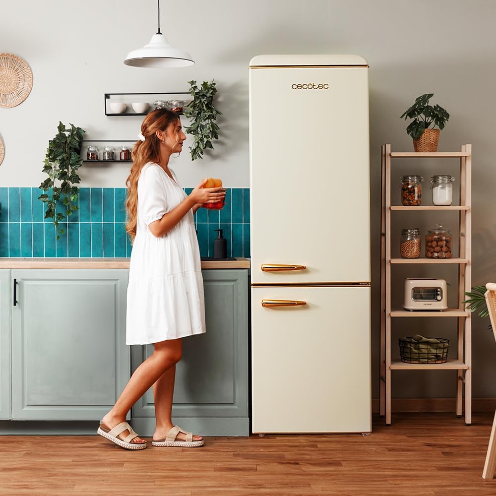 Cecotec Kühlschrank Kombi 2 Türen Retro 300 L Bolero CoolMarket Kombi Origin 300 Beige E Höhe 191,5 cm 60 cm Breite Temperaturregelung Chromgriff und Glasplatten Beige