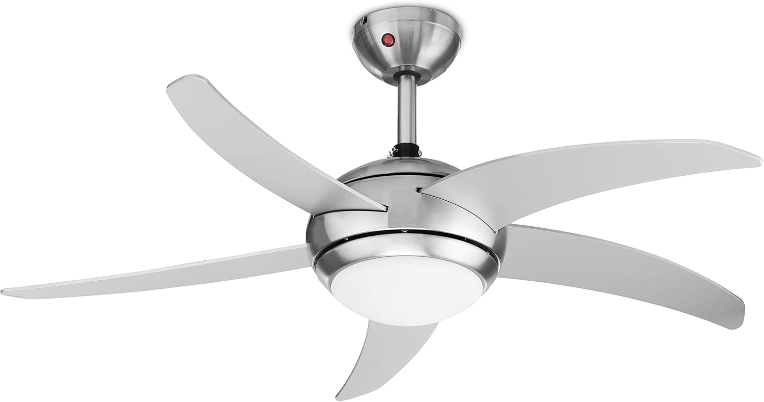 Tristar VE-5815 Deckenventilator mit Licht (E14 Fassung) und Fernbedienung; 112 cm ø; 3 einstellbaren Leistungsstufen; 55 Watt Leistung; Silber