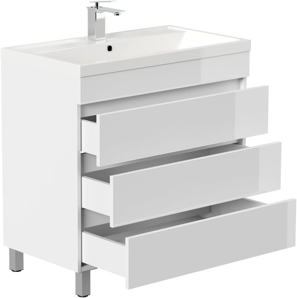Magnolia Home Stand Badmöbel Via 80 SoftClose mit DREI grifflosen Schubladen Farbe Weiss Hochglanz