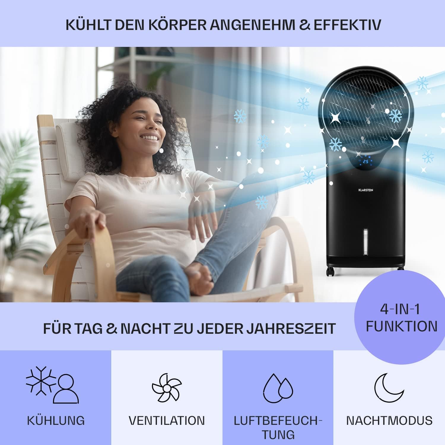 Klarstein Luftkühler mit Wasserkühlung, 3-in-1 Verdunstungskühler, Luftbefeuchter & Ventilator, Mobile Klimageräte Luftkühler mit 5,5L Tank, 90W Air Cooler mit Nachtmodus, 1600m³/h Luftstrom