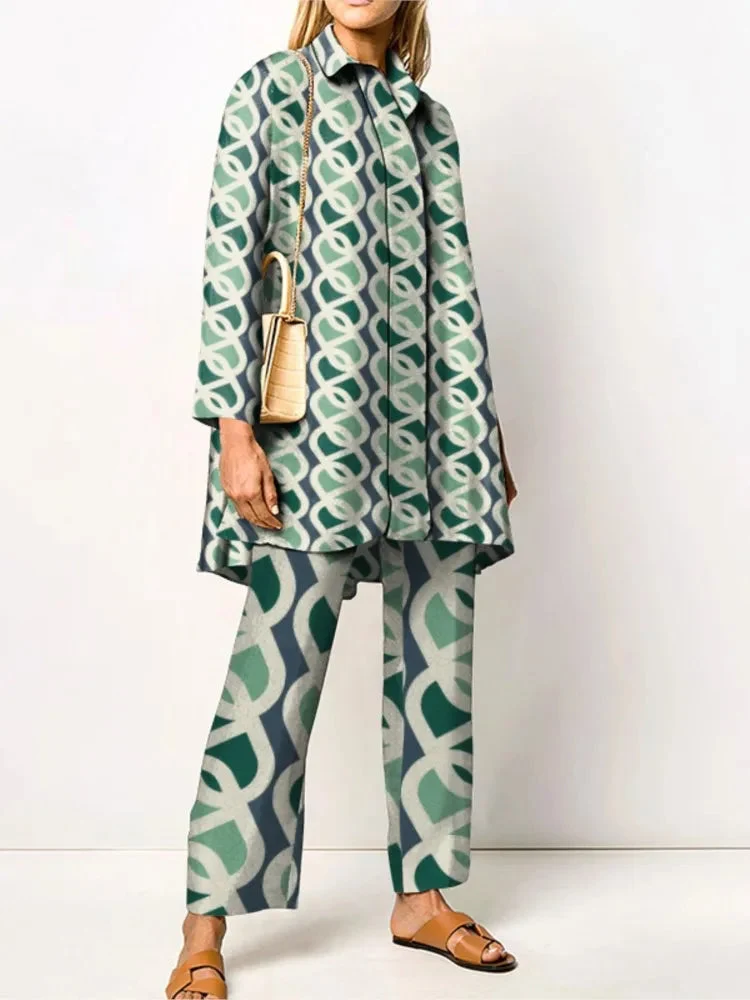Damen Zweiteiler Vintage Print Hosenanzug Set | Elegante Bluse und Hose mit Gummizug f��r Freizeit und besondere Anl?sse