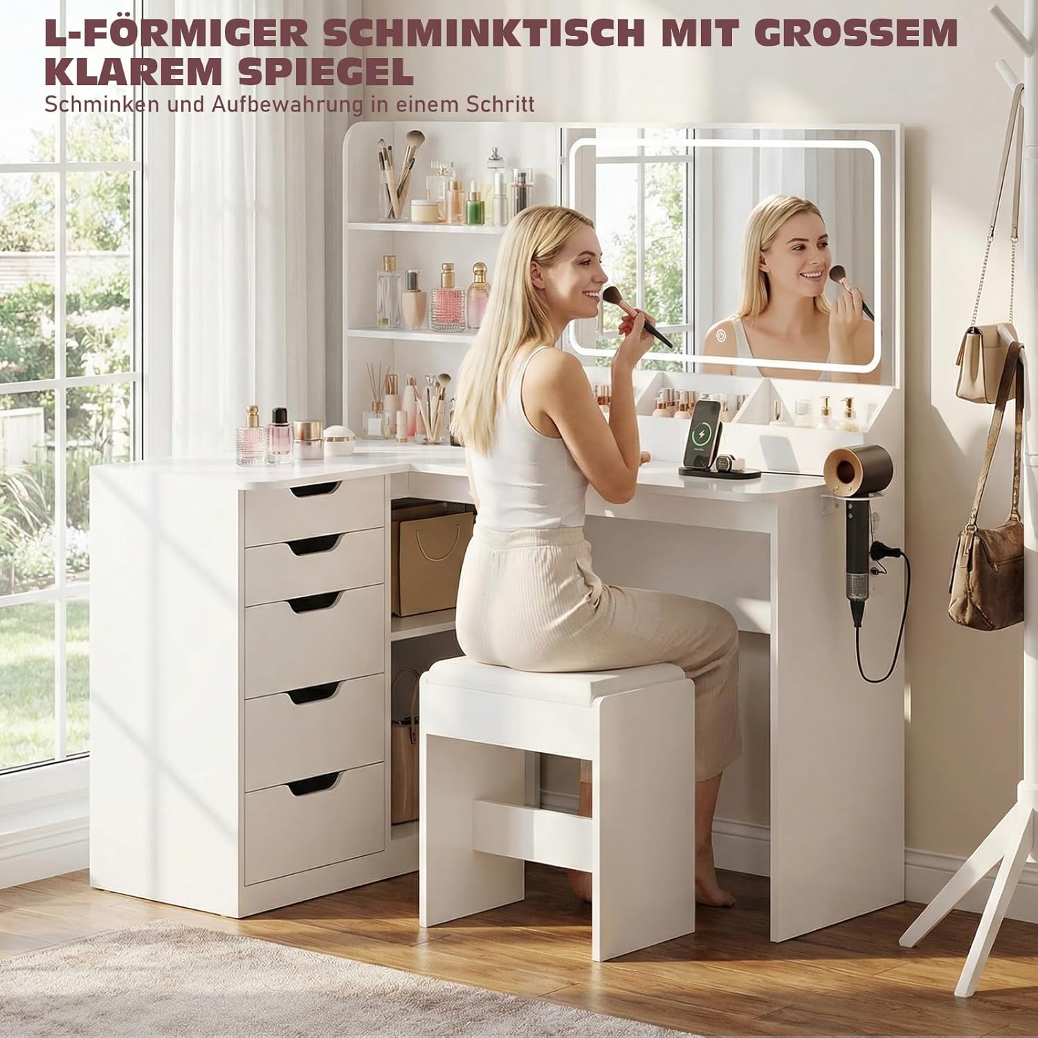JUMMICO Schminktisch mit Spiegel und Licht, Eck Schminktisch L Hocker mit Beleuchtung LED 3 Farben, Make Up Table 120 breit mit 5 Schubladen und Steckdosen, Weiß