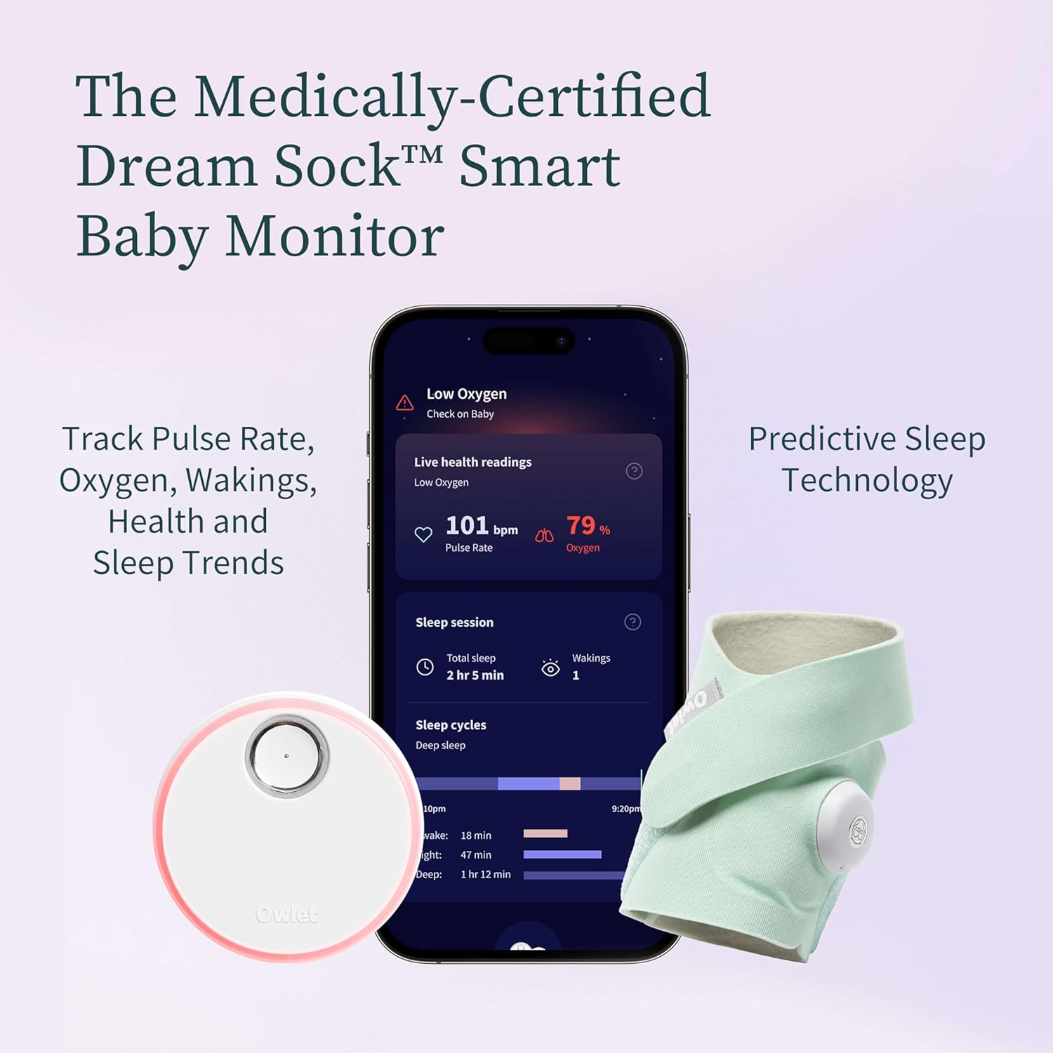 Owlet Dream Sock – Pulsoximeter, Liveübertragung von Herzfrequenz, Sauerstoffsättigung & Schlafverhalten bei Säuglingen & Babys