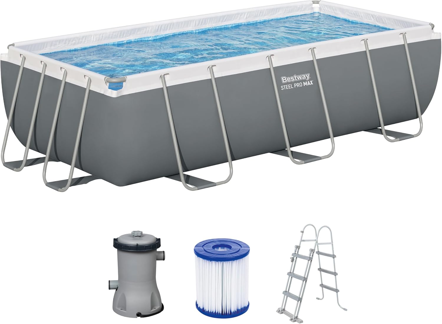 Bestway Power Steel Frame Pool Set mit Filterpumpe 404 x 201 x 100 cm, grau, eckig