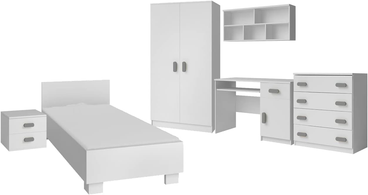 Fabryka Mebli Idźczak Kinderzimmer-Set Jonas I 01 - Schrank, Bett, Wandregal, Kommode, Schreibtisch, Nachttisch - Kleiderschrank - Skandinavischer Stil, Modern Design - Weiß/Grau