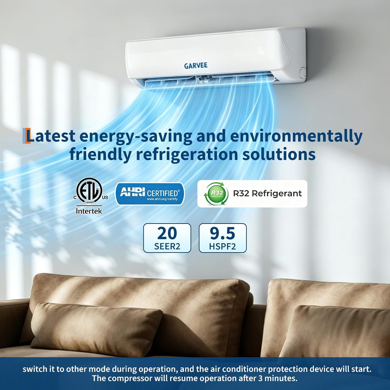 Garvee A++ Split-Klimaanlage 24000 BTU (7,2 kW), Inverter – Heiz- & Kühlfunktion, sehr leise (19 dB), antibakterieller Verdampfer, Aktivkohlefilter, WiFi & App-Steuerung, inkl. Montagematerial –