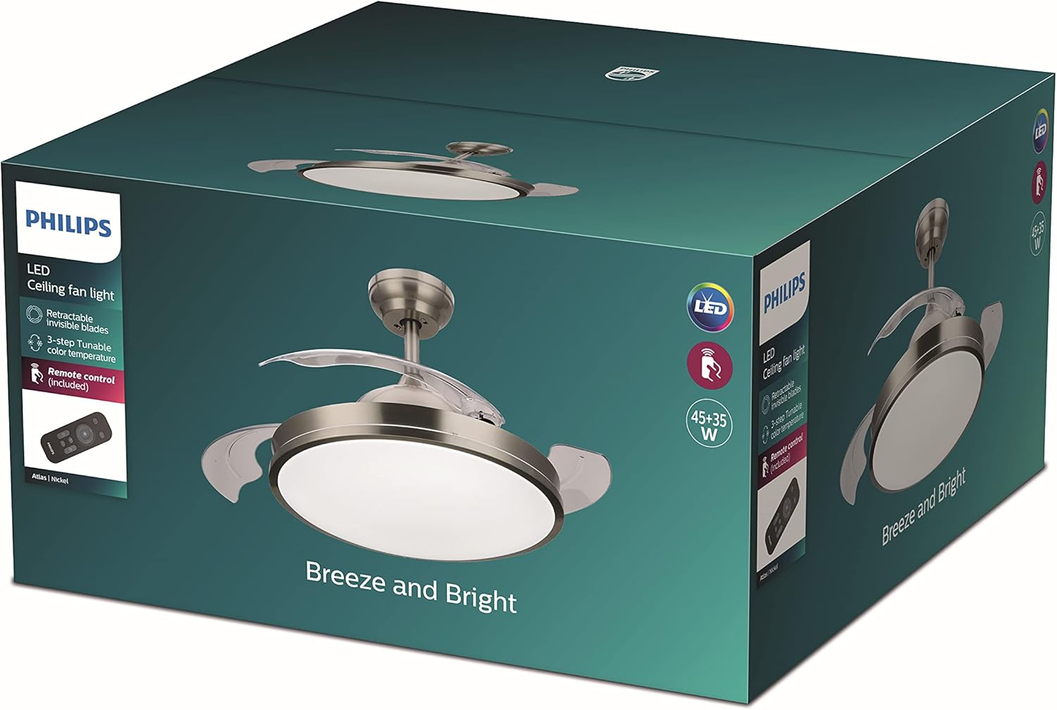 Ventilateur de plafond Philips Lighting Atlas avec éclairage LED et télécommande 106 cm Nickel