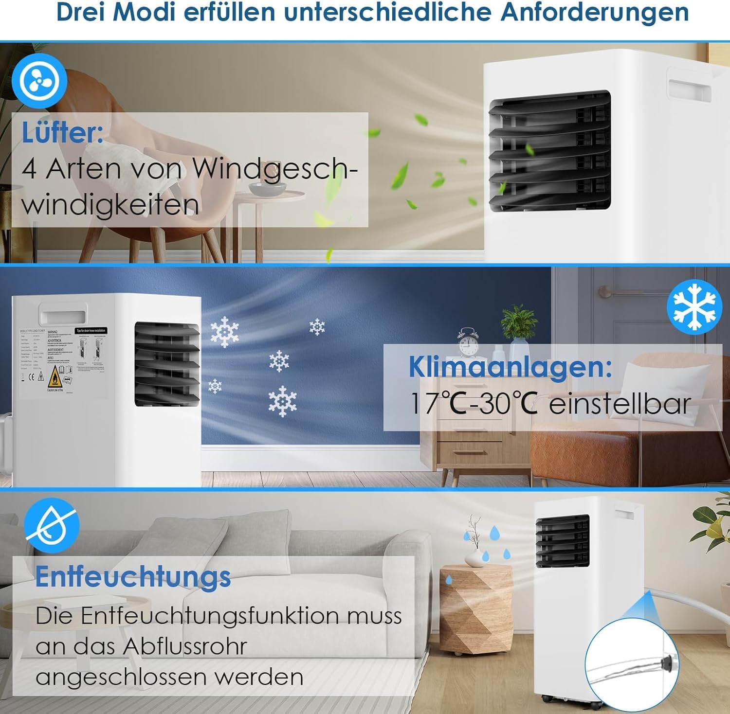 LIFERUN Mobiles Klimagerät, 4in1, Kühlen, Entfeuchten, Ventilieren, Staubfilter, 9000BTU/h 2,6kW, Mobile Klimaanlage mit Abluftschlauch, Fernbedienung, 24H-Timer, Schlafmodus, für Räume bis 31 m²