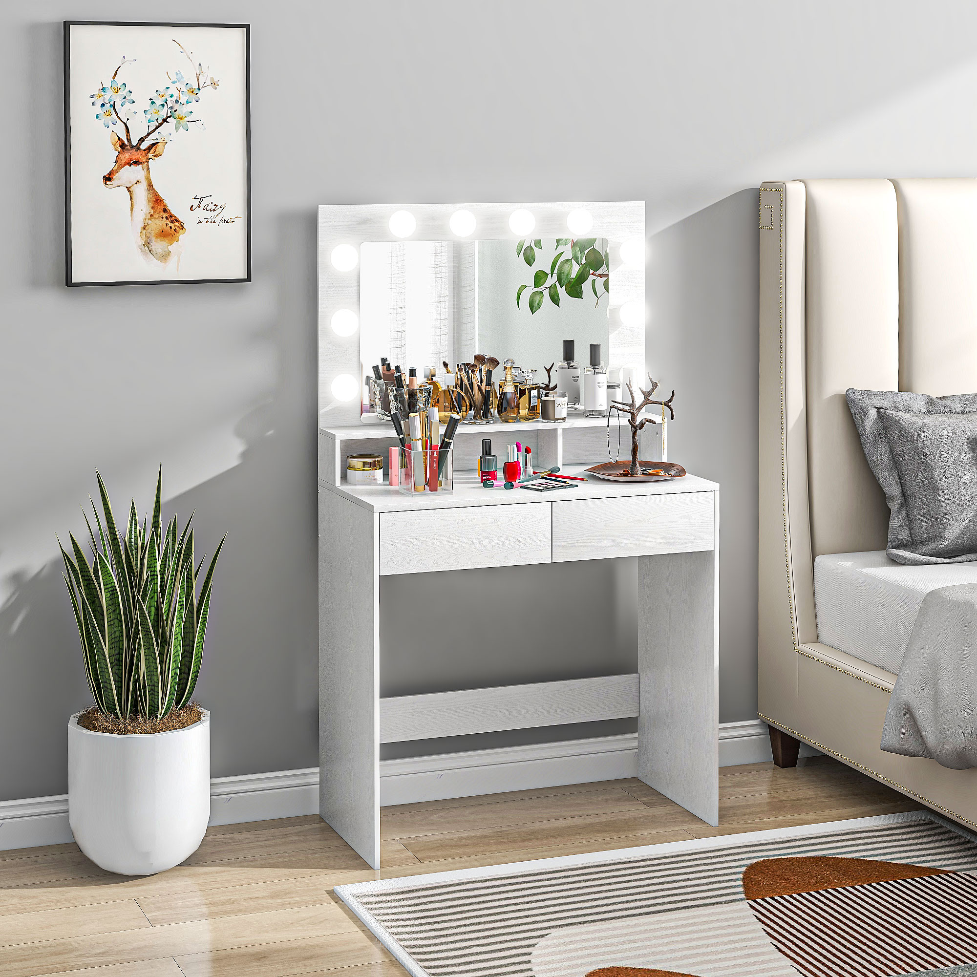 Kaptafel met Verlichte Spiegel, Laden, 3 Lichtopties, 10 Lampen, Hedendaagse Witte Make-uptafel