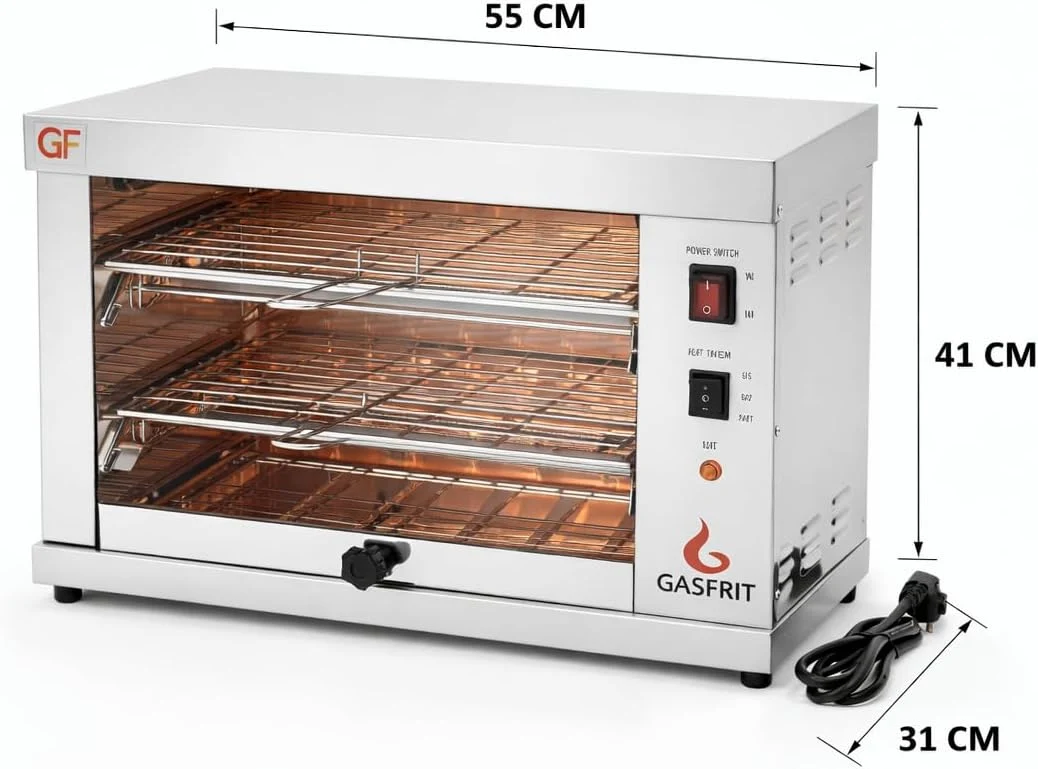 Tostador Eléctrico Industrial de Cuarzo 2 Plantas, 3000W, Acero Inoxidable, Parrilla y Bandeja Recogemigas Extraíbles, Uso Profesional Hostelería