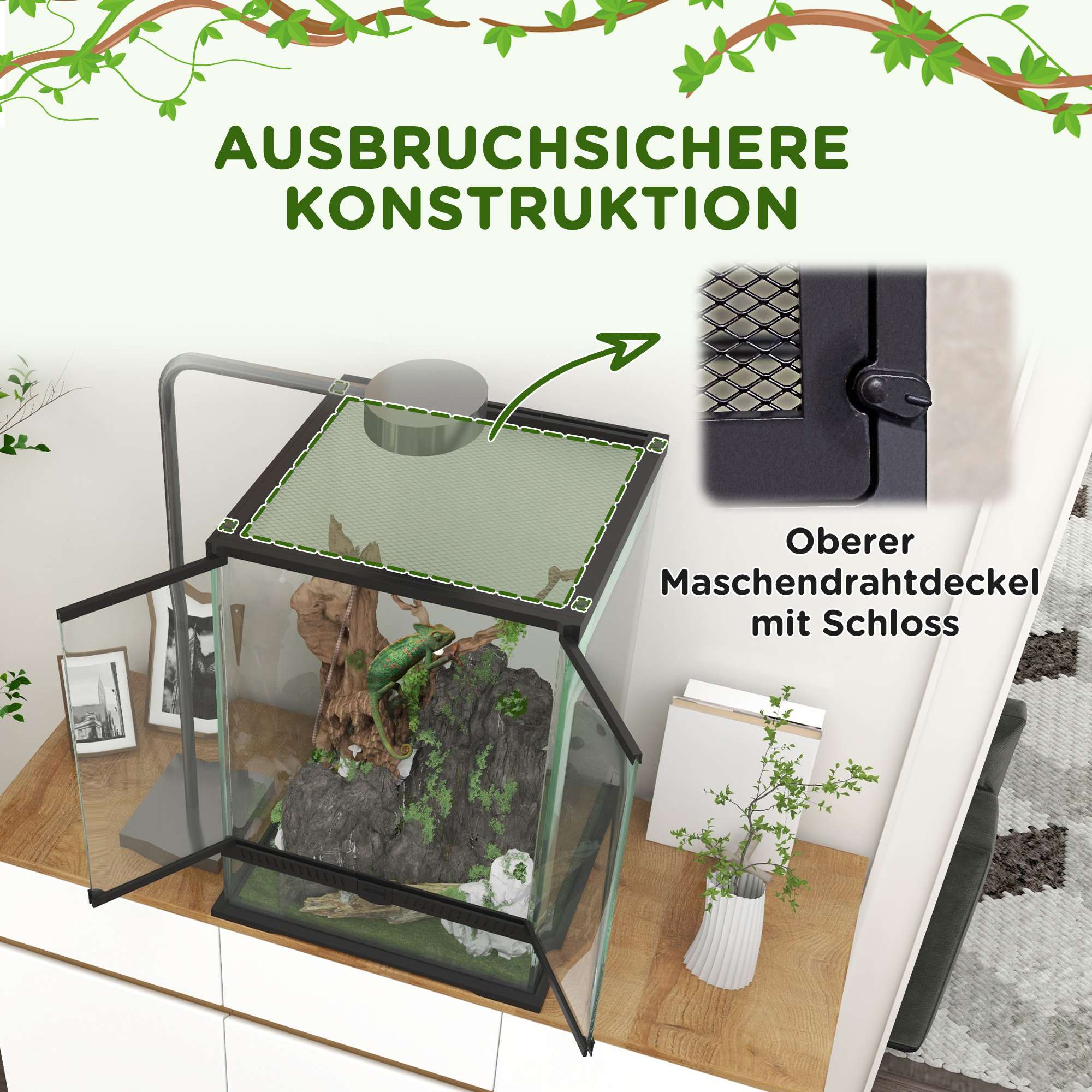 Afsluitbaar Terrarium, Glazen Behuizing, Kabelbeheer, 45x45x60cm, Zwart