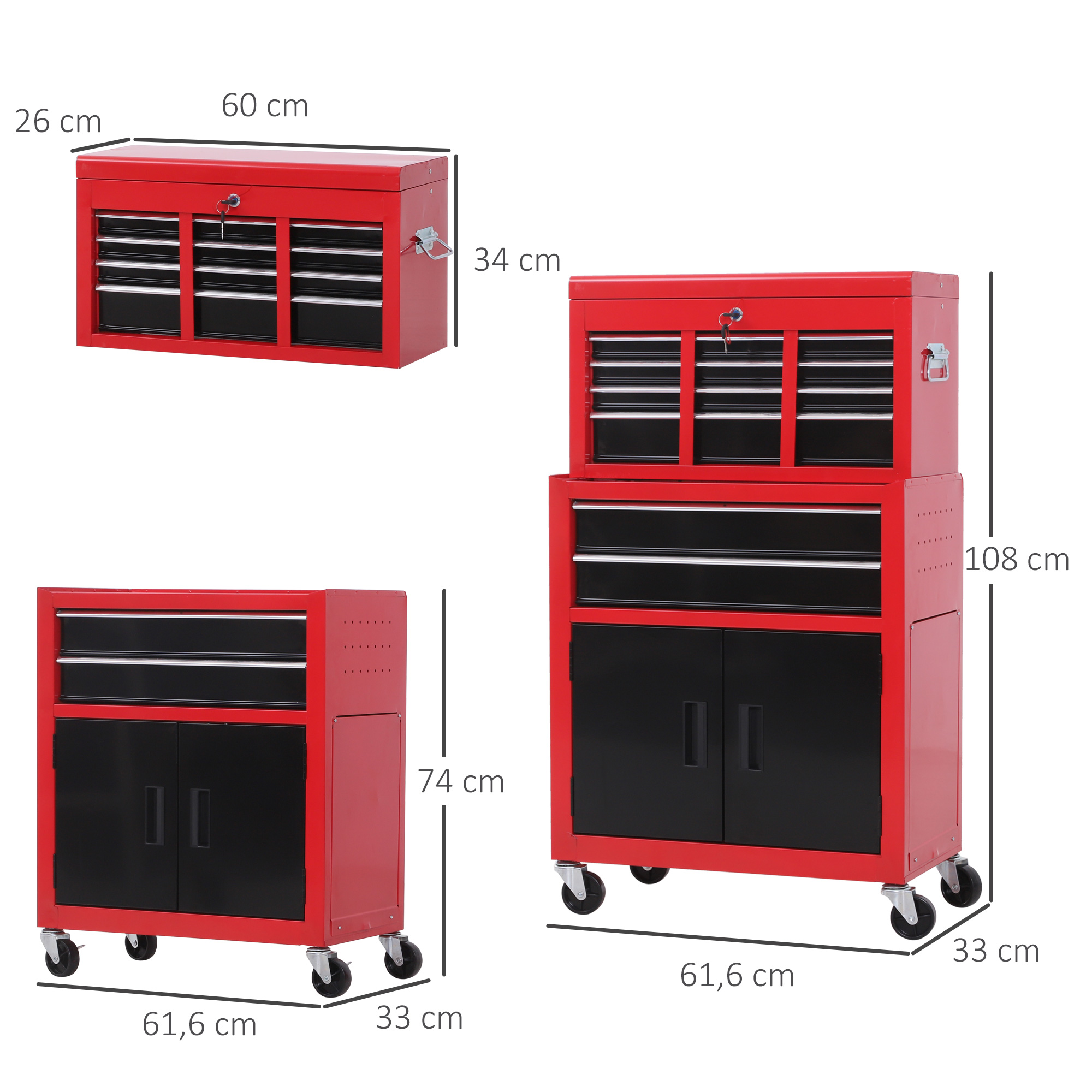 Gereedschapskast met Gereedschapskist, Op Wielen, 6 Laden, Metaal, Rood