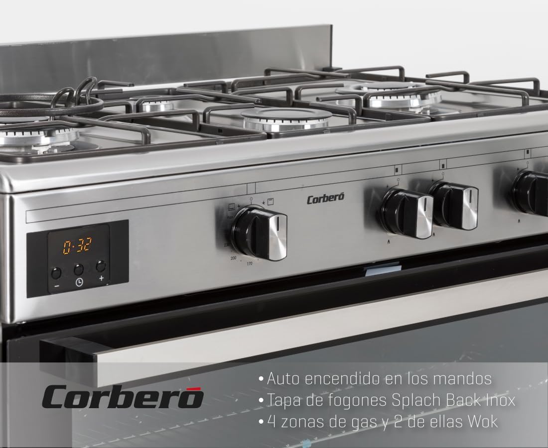 Corberó - Butane Gas Cooker | CCSF9422X | 96L Panoramic Oven | 4 Burners | 2 WOK | Autoignition | Thermostat | Telescopic Guides | Interior Light | Dish Warmer Drawer | Without Lid | Stainless Steel