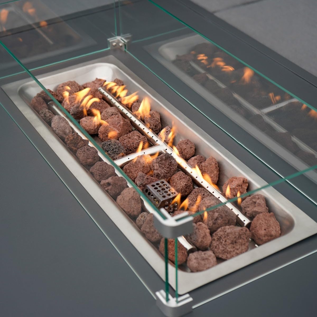 Modulares Gartenlounge-Set Groß Grau 8-Sitzer U-Form Sofa mit Kissen, Tisch & Gasfeuerstelle 9-teiliges Aluminium-Gartenmöbelset für draußen Eckset Terrasse Balkon [inkl. Wasserdichte Regenabdeckung]