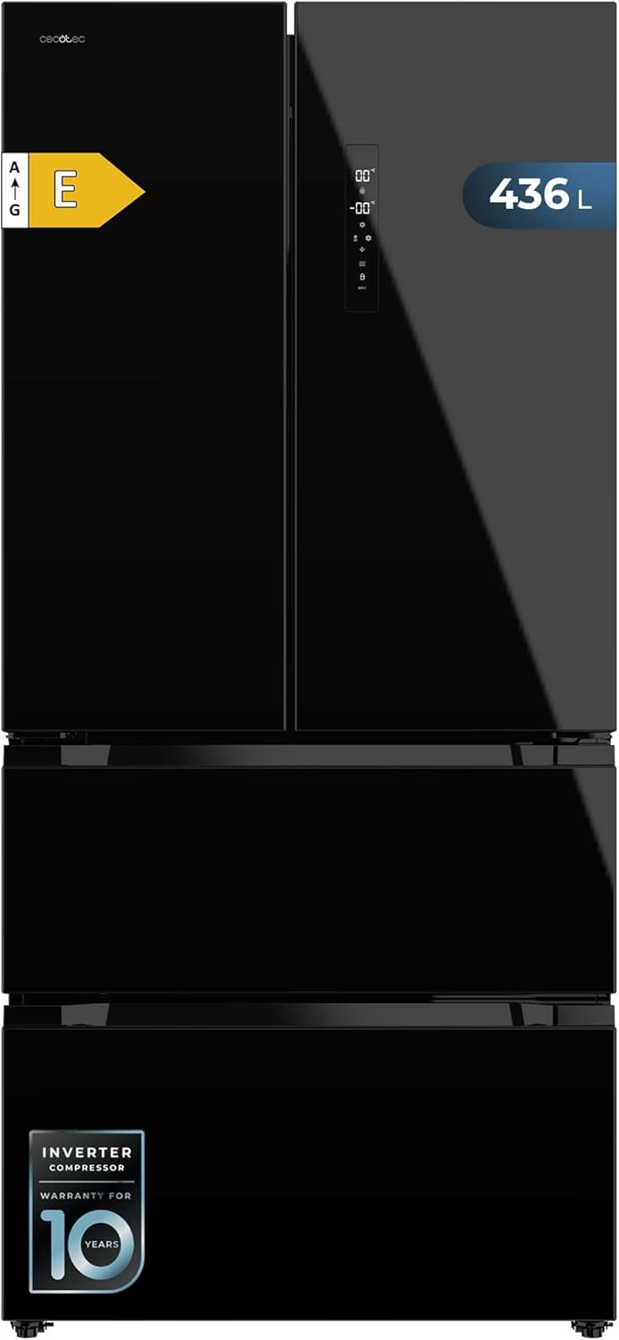 Cecotec Refrigerateur Congelateur 4 Portes Française Bolero CoolMarket FD 436 Black Glass E. Réfrigérateur 436L, verre noir, Total No Frost, MultiAirFlow, Inverter Plus, mode Vacances et alarmes