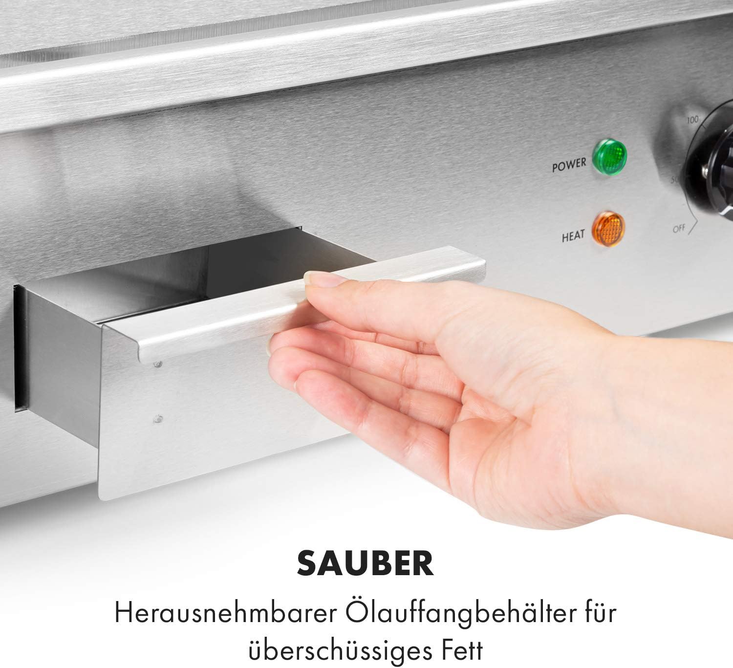 Klarstein Elektrogrill, Grillplatte, Elektrische Grillplatte, Tischgrill, Elektrogrill aus Edelstahl, Spritzschutz & Auffangbehälter, Glatte XL Grillfläche: 54,5x35 cm, Stufenlos 50-300 °C, 3000 Watt