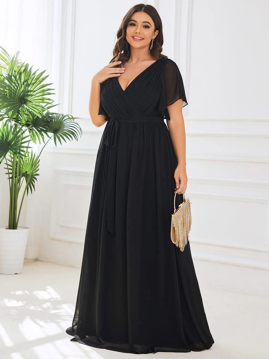 Abendkleid Damen Maxi A-Linie aus Chiffon | Festliches Kleid f��r Hochzeitsg?ste mit V-Ausschnitt und Fl��gel?rmeln
