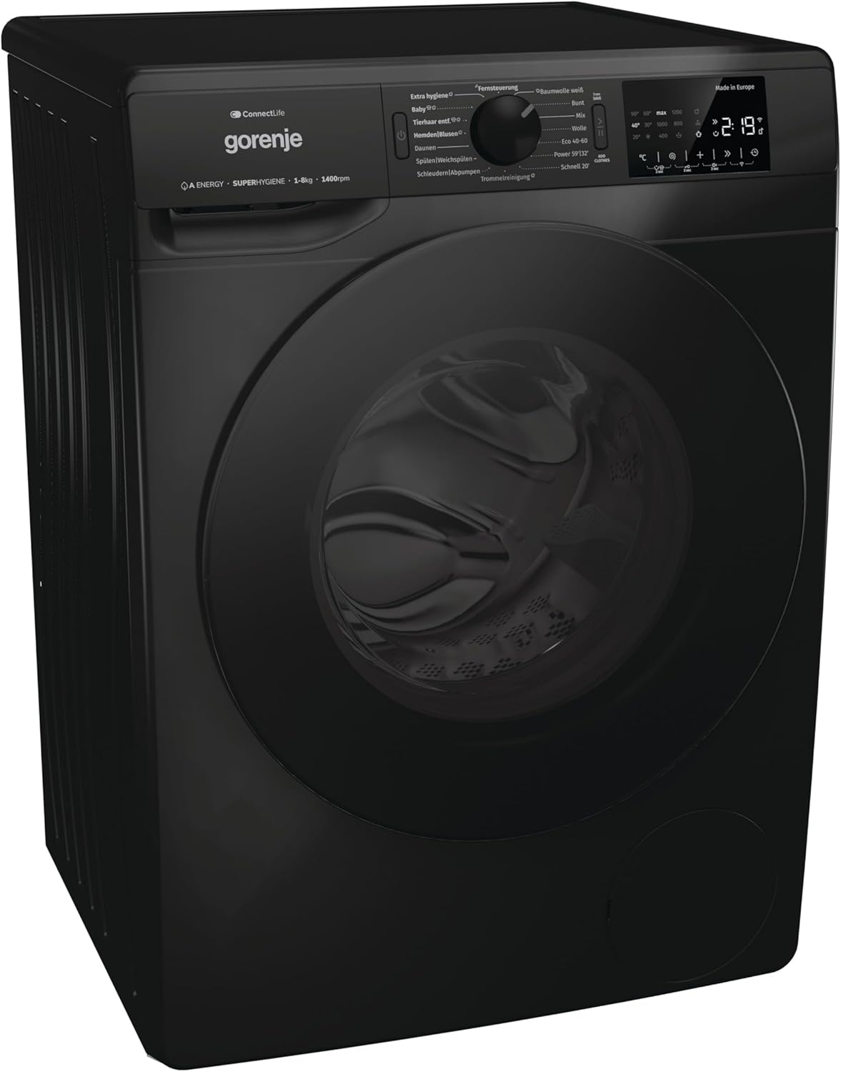 Gorenje WPNEI84A1DTSB Waschmaschine mit Dampffunktion/ConnectLife / 8Kg / 1400 U/min / 15 Programme/Totaler AquaStop/Wave Active Trommel/ExtraHygiene/PowerWash/Schnell Waschgang/EEK: A-10%