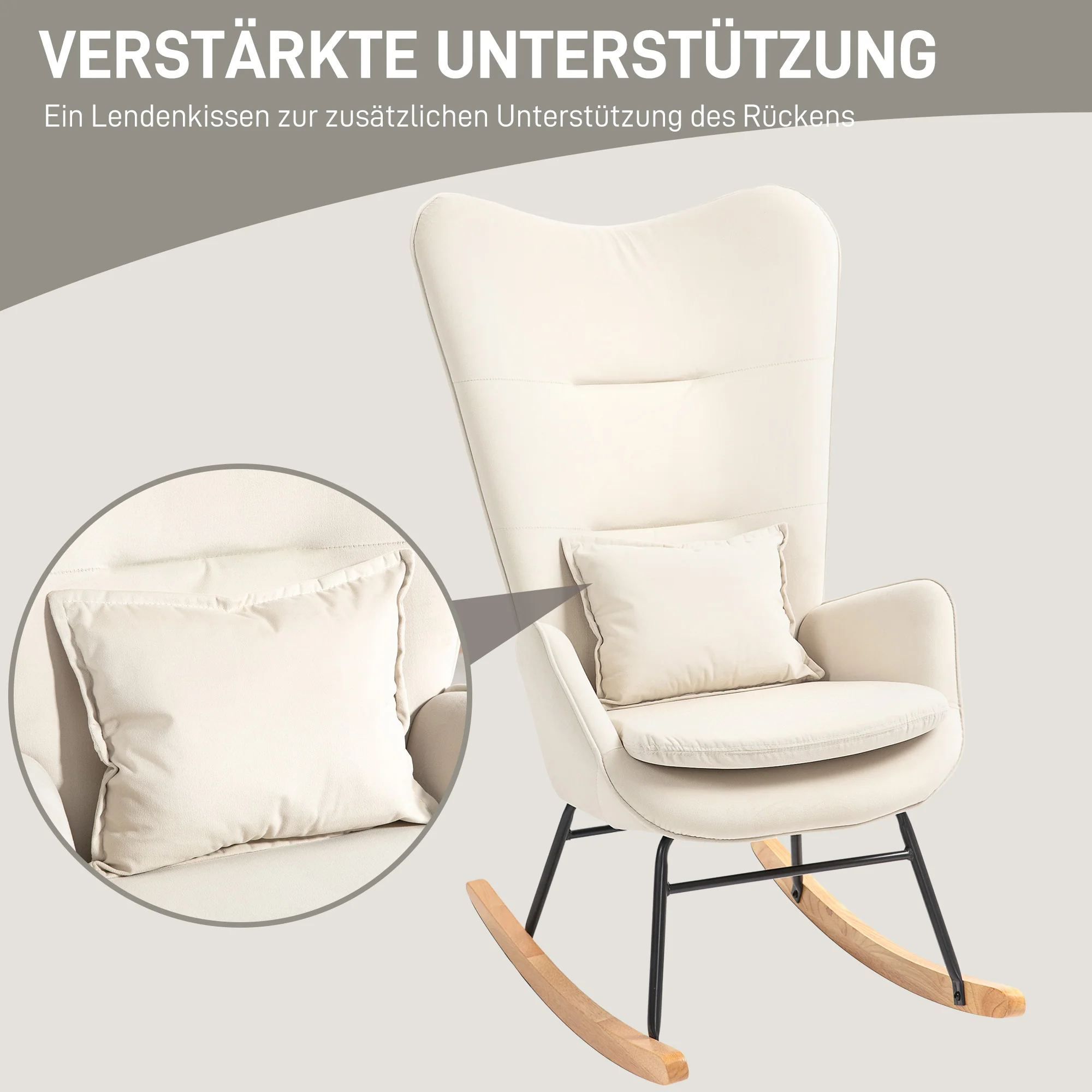 HOMCOM Schommelstoel in Samt-uitstraling met Lendenkussen, tot 120 kg, 67 x 85 x 112 cm, Crèmewit