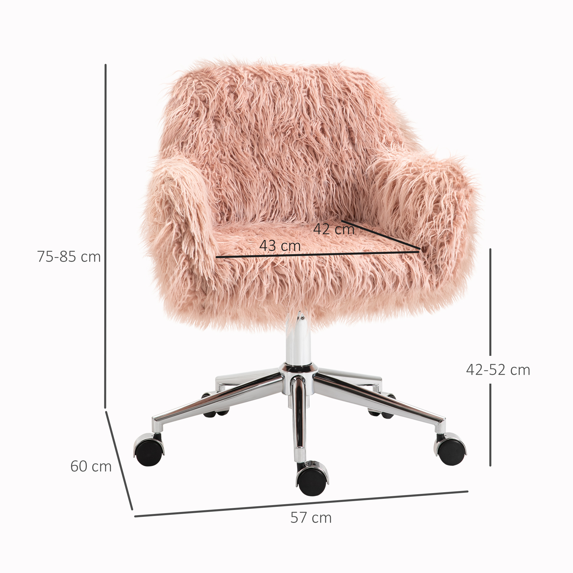 Vinsetto Chefstoel, Schminkstoel met kunstbontzitting en hoogteverstelling, Roze, 57x60x75-85 cm